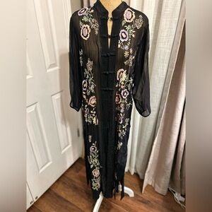Vintage t Rose sheer black dressing gown with embroidered front panels.